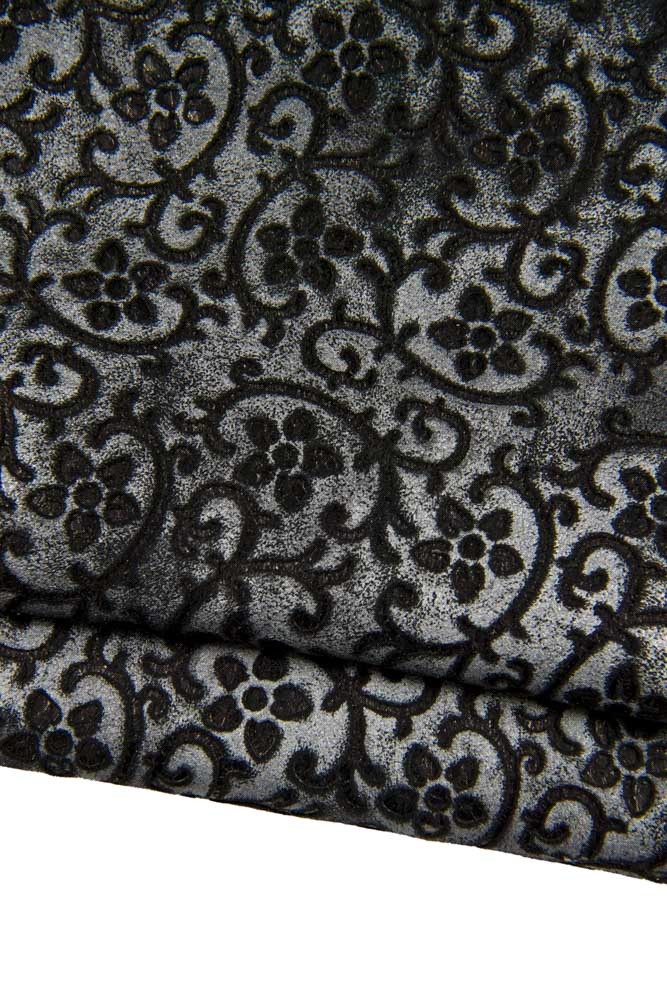 FLORAL printed leather skin, black grey carved suede goatskin, flower pattern on soft aged distressed hide