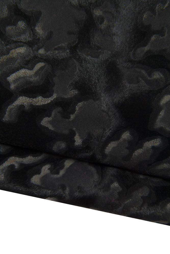 CAMOUFLAGE textured hair on leather hide, blck and grey mimetic printed pony calfskin, vintage aged cowhide