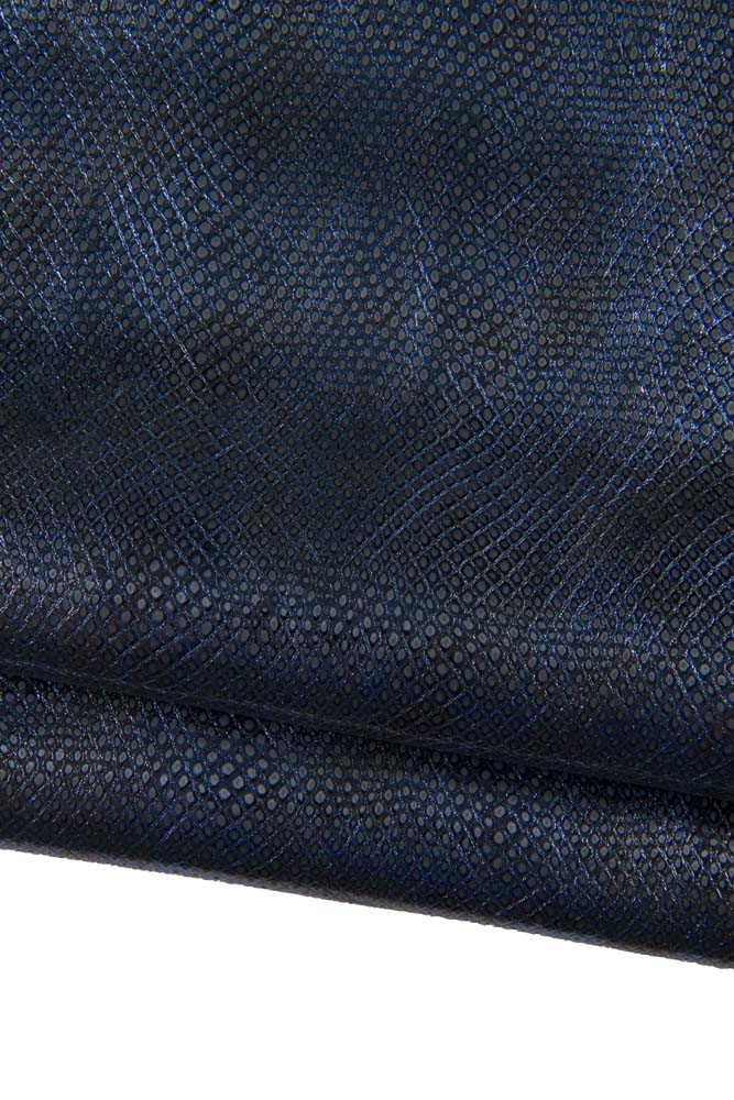 BLUE metallic reptile printed leather skin, snake python pattern on soft sparkle aged goatskin