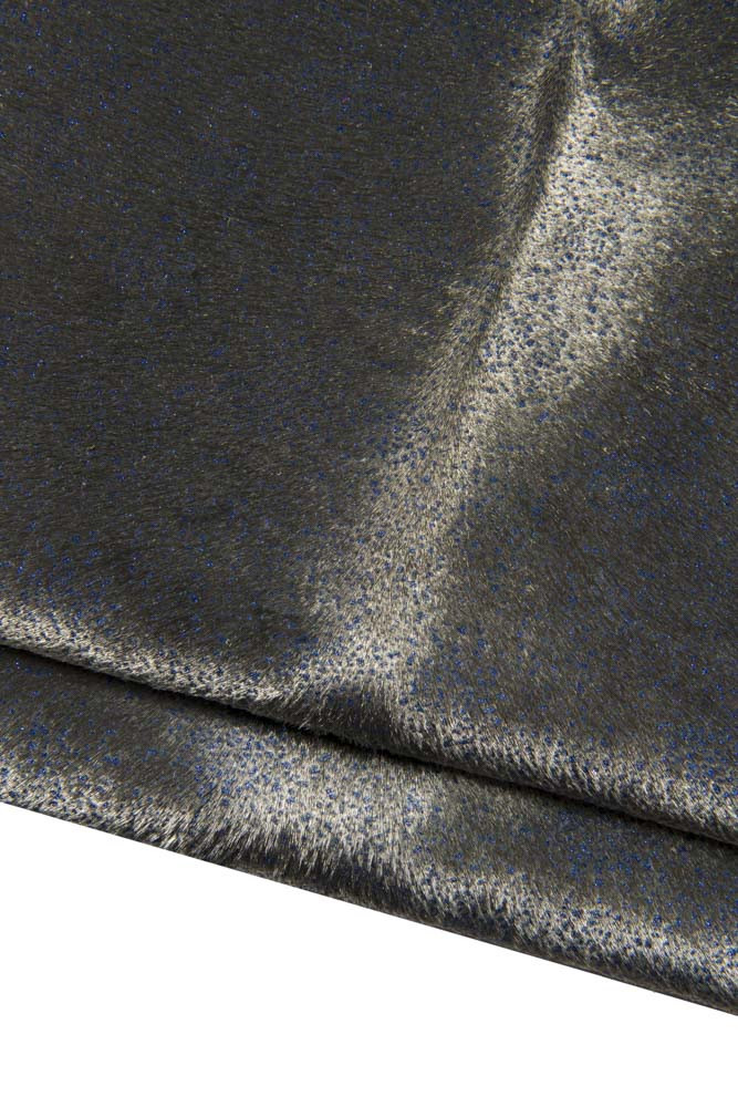 METALLIC hair on leather hide, blue GLITTER print on steelmetal pony calfskin, luxurious hairy cowhide for crafting