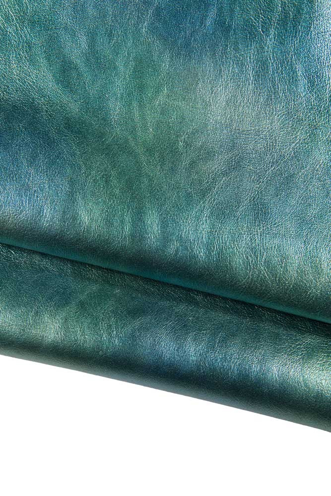 Green blue printed METALLIC leather skin, trendy wrinkled shaded sparkle goatskin, soft perfect for crafting