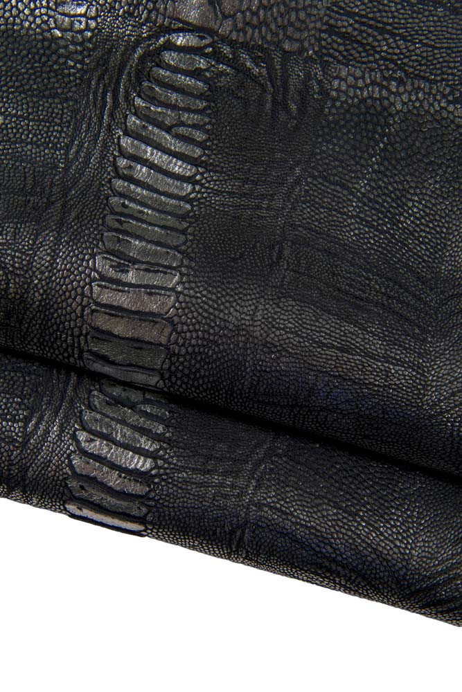 Black silver OSTRICH leg printed leather hide, metallic embossed cowhide, soft bright calfskin, 0.8 - 1.0 mm