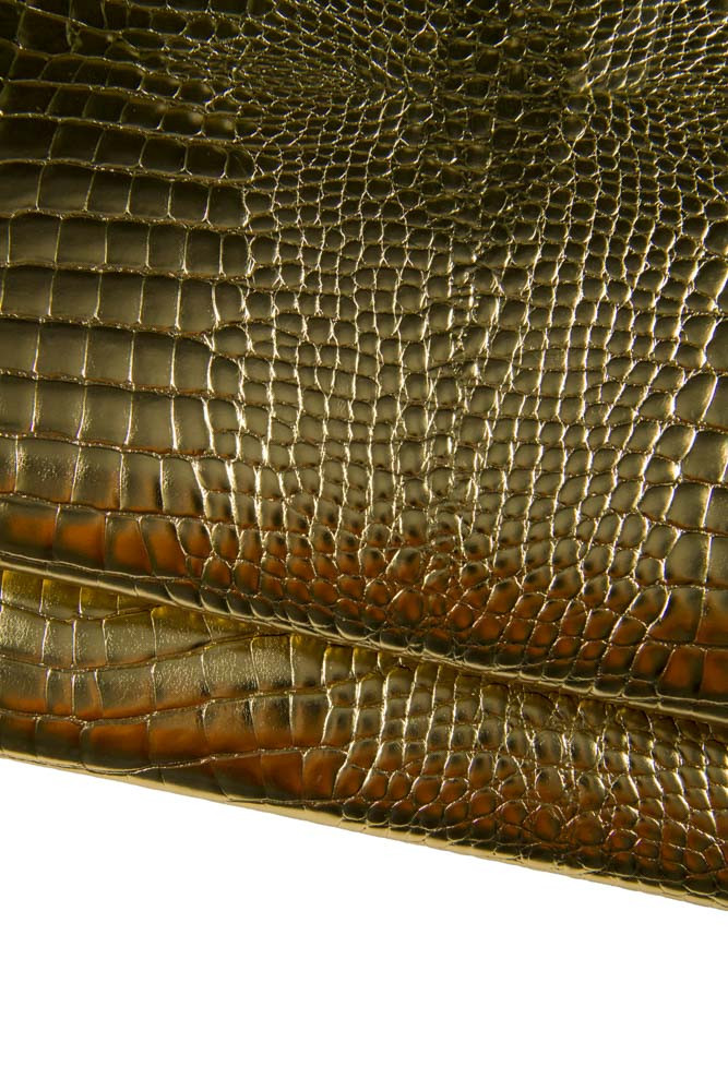 GOLD crocodile embossed leather hide, metallic stiff calfskin, golden croc printed cowhide