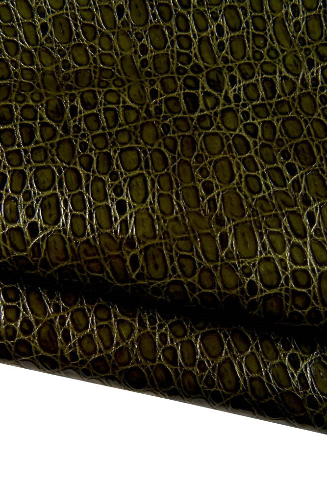 Hunter GREEN crocodile embossed leather hide, CROC printed glossy cowhide, animal pattern on top quality calfskin