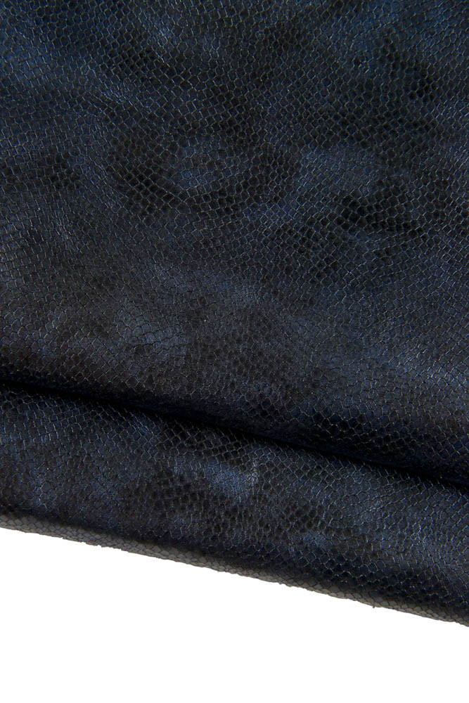 Blue black SNAKE printed leather skin, glossy CLOUDY python embossed goatskin, reptile textured soft hide