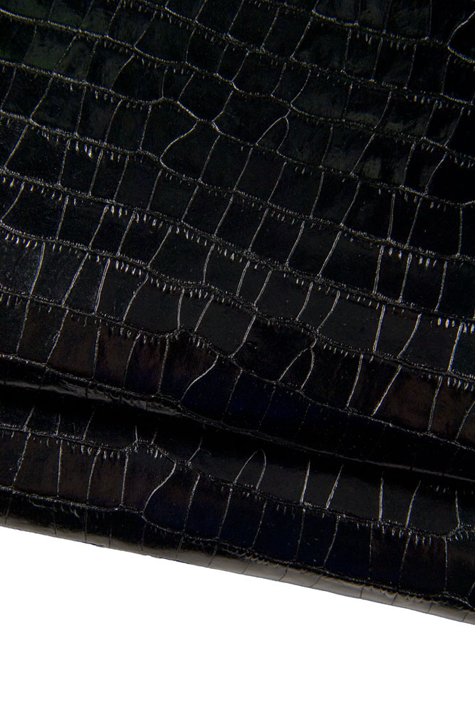 Black CROCODILE embossed cowhide, glossy stiff animal printed leather hide, genuine italian calfskin for elegant products