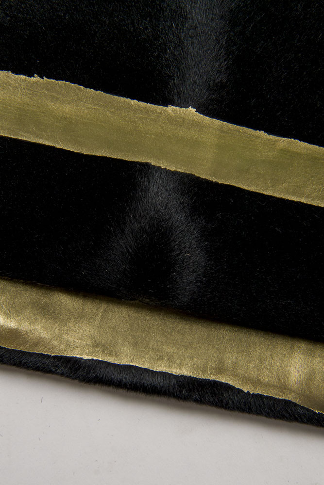 Hair on leather hide with maxi ZEBRA print, gold animal texture on black pony calfskin