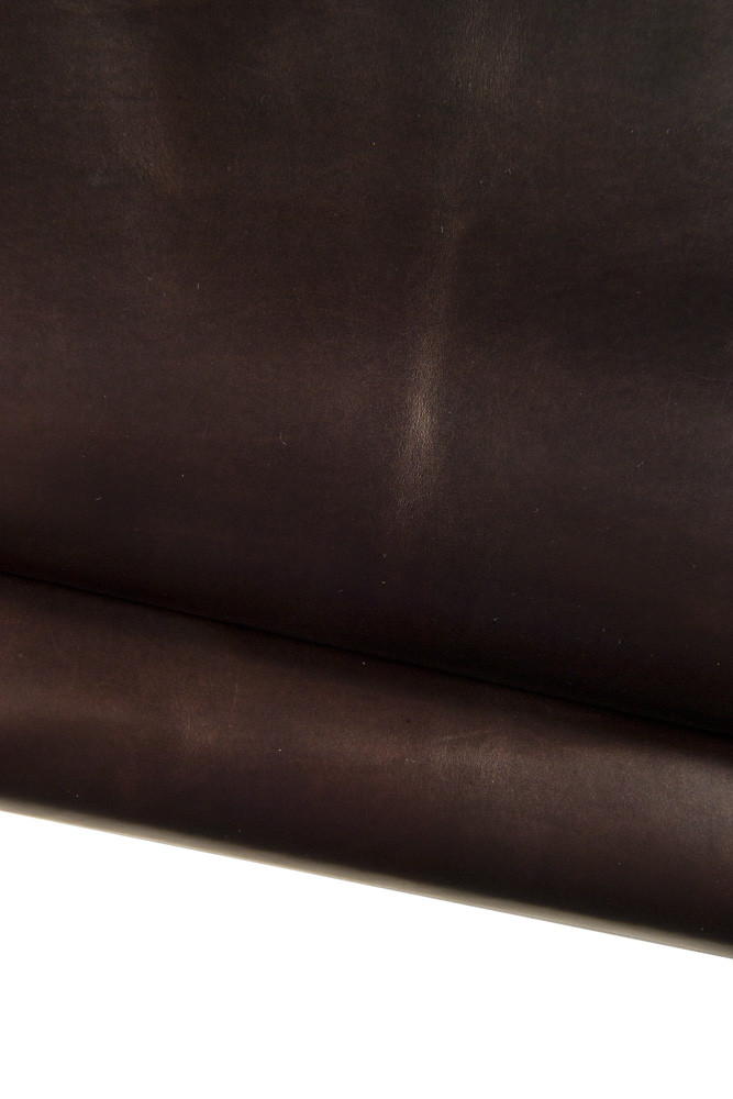 Dark brown VEGETABLE tan leather hide, glossy smooth cowhide, pull up natural fine italian calfskin