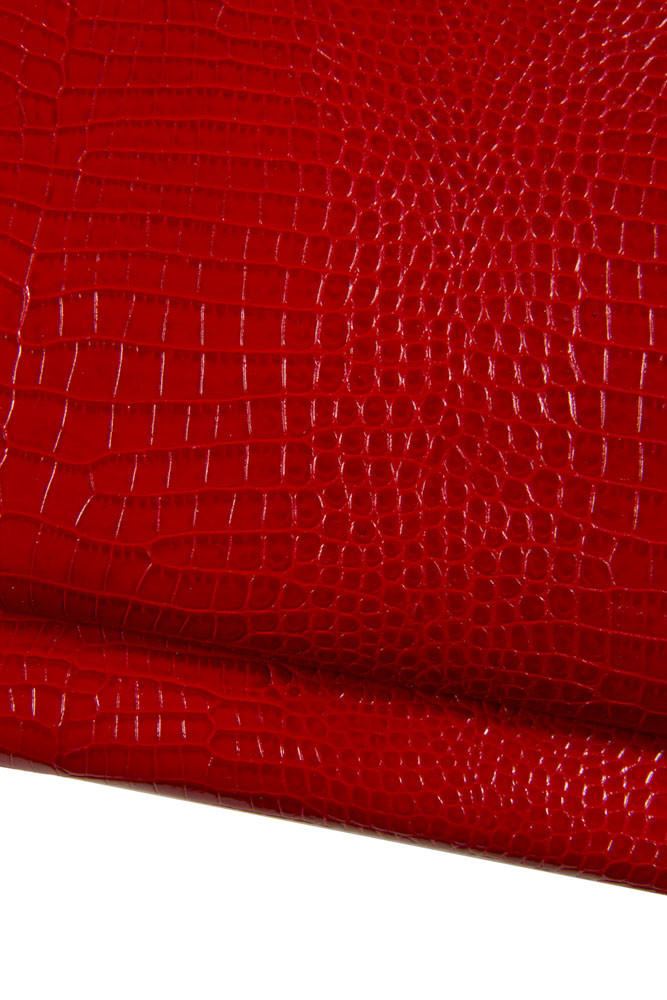 RED crocodile leather hide, alligator embossed glossy cowhide, animal print on stiff calfskin