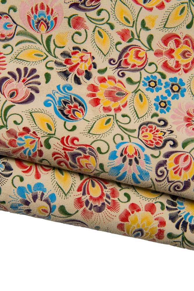 Multicolor FLORAL textured leather hide, beige suede goatskin with colorful flower print, soft skin for crafting