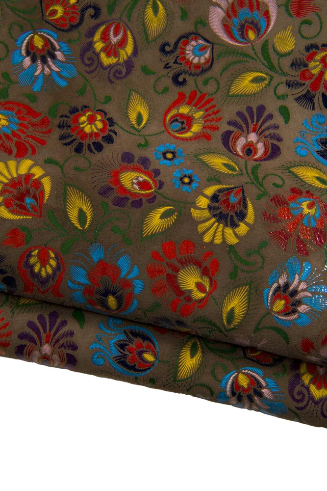 Multicolor FLORAL textured leather hide, brown suede goatskin with colorful flower print, soft skin for crafting