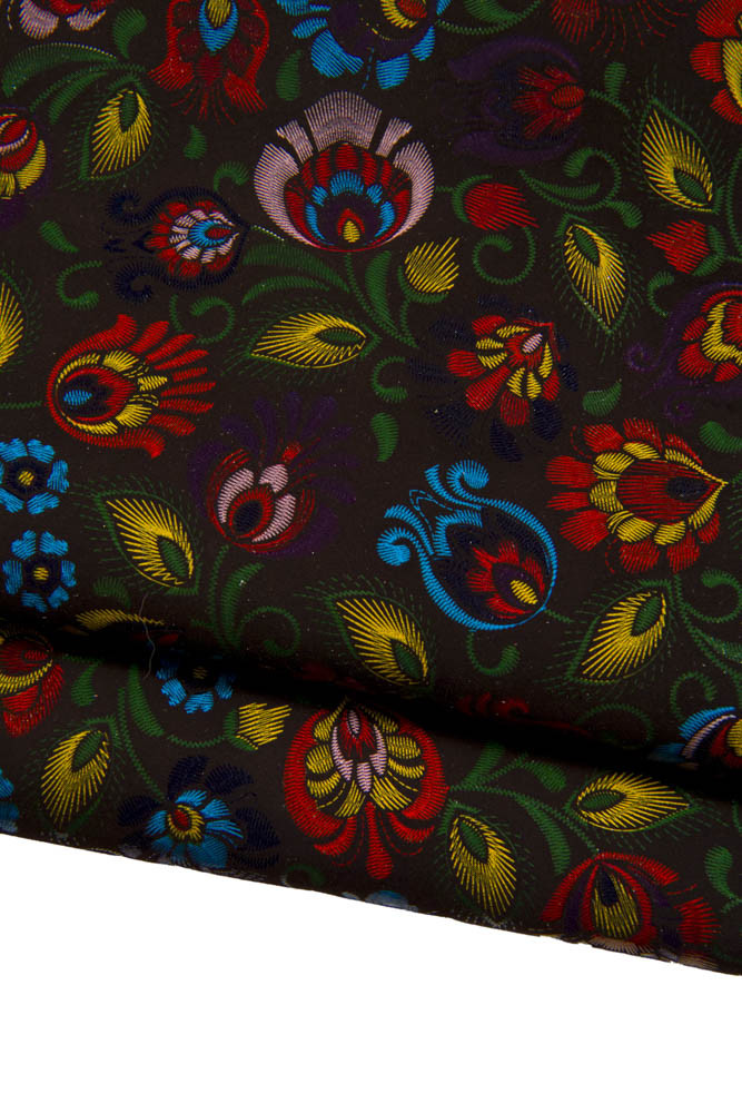 Multicolor FLORAL textured leather hide, black suede goatskin with colorful flower print, soft skin for crafting