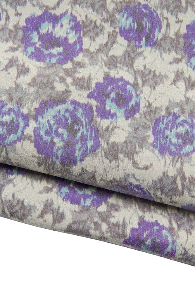 FLORAL textured leather hide, grey purple flower print on cowhide, glitter metallic suede calfskin