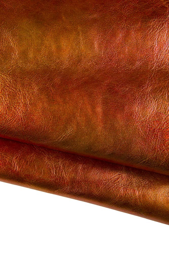 ORANGE blotchy printed leather skin, metallic wrinkled goatskin, vibrant leather hide for original creations