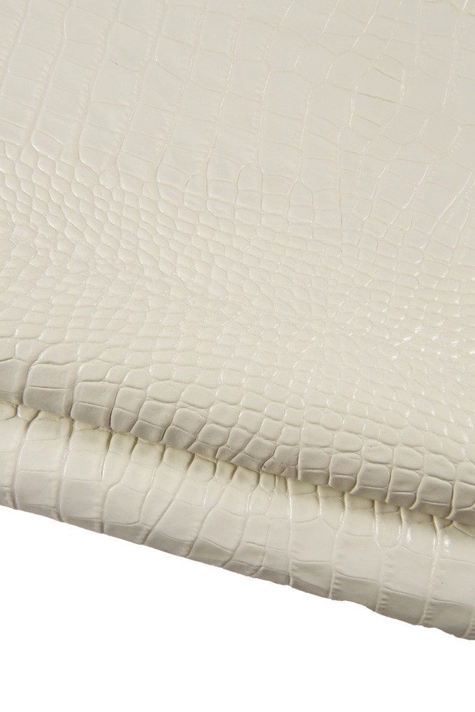 Milk white CROCODILE embossed leather hide, alligator printed glossy cowhide, luxurious italian calfskin for crafters