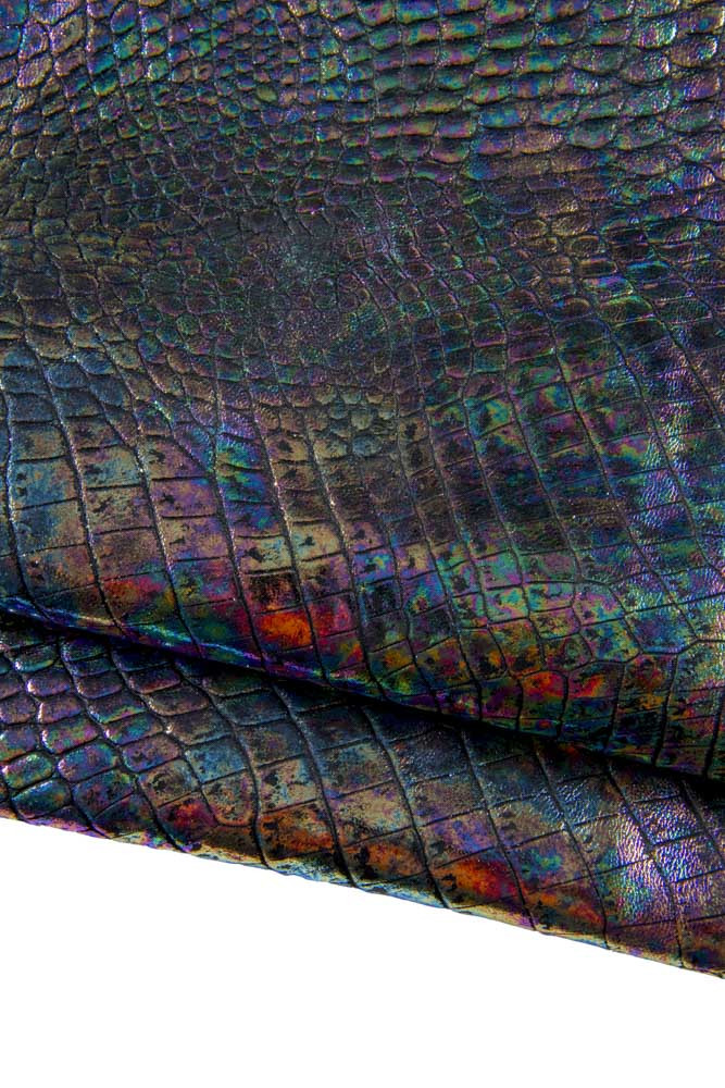 Holographic CROCODILE embossed leather hide, croc metallic cowhide, iridescent calfskin