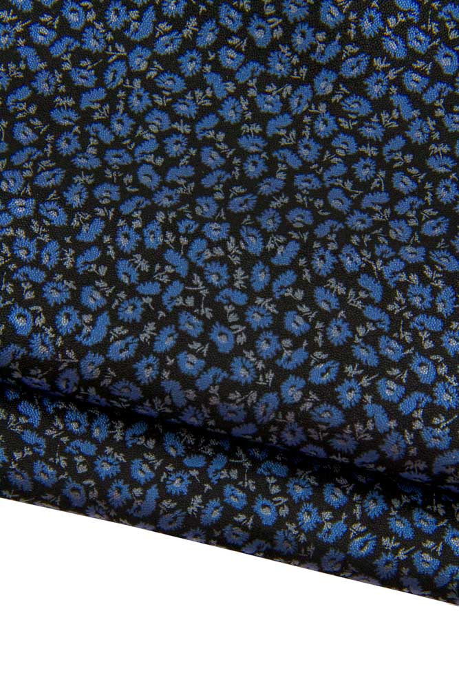 FLORAL textured leather skin, blue silver flower print on black base goatskin, ideal for DIY projects