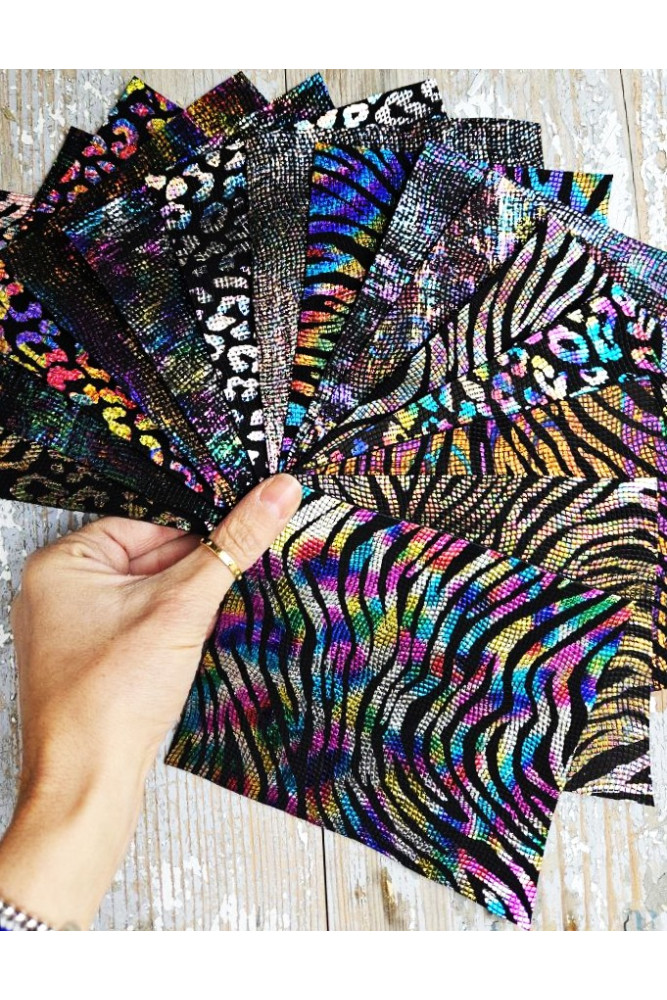 10 Leather pieces, HOLOGRAPHIC animal prints, random selection, colors from the pictures