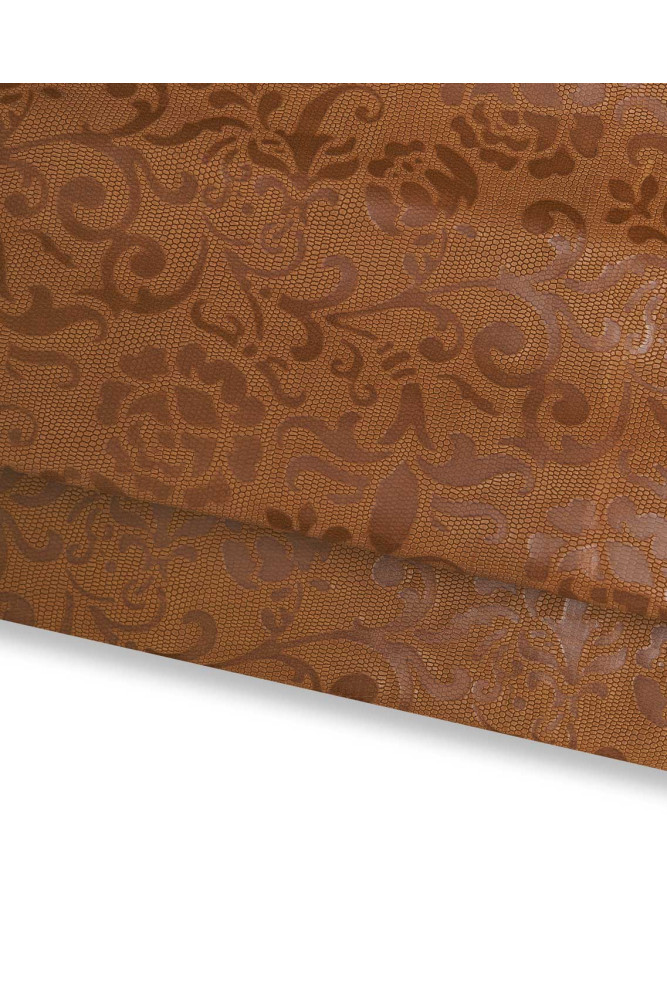 Brown FLORAL leather skin, lizard embossed goatskin with baroque flower print, tan sporty hide