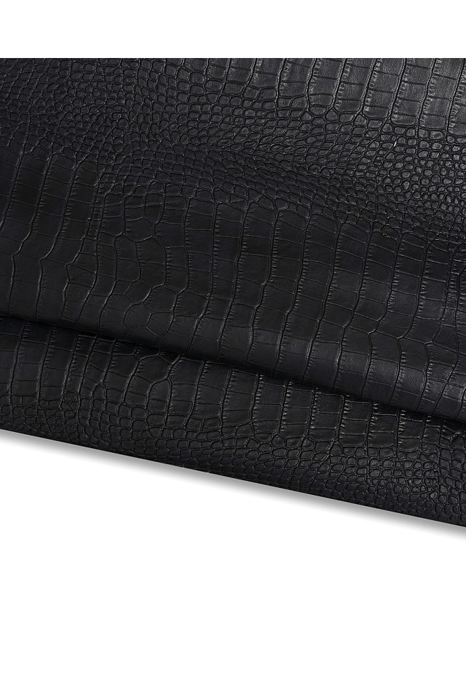 Black CROCODILE embossed leather hide, animal printed cowhide, alligator pattern on semi glossy, semi stiff calfskin