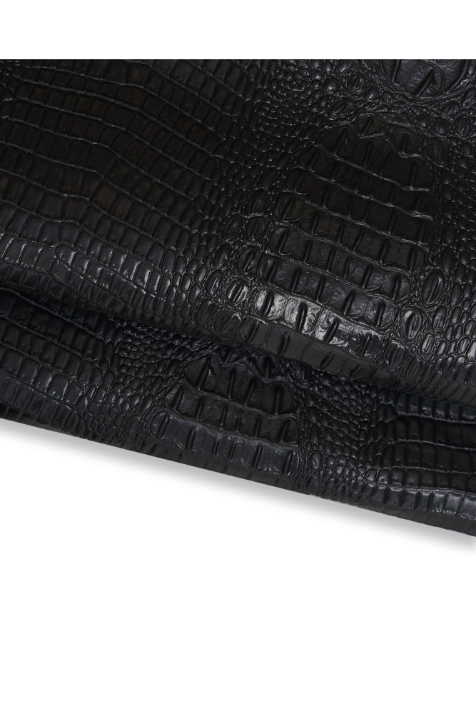 Black CROCODILE embossed leather skin, alligaror print on goatskin, thin hide 0.5 - 0.6 mm for crafting