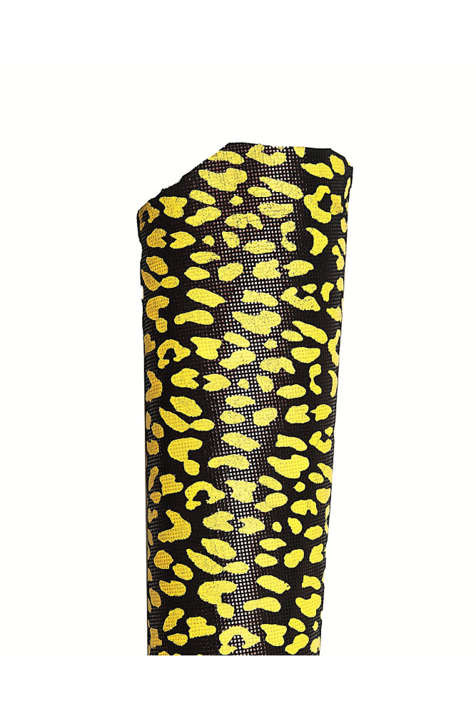 LEOPARD textured leather hide, yellow cheetah print on black embossed goatskin, glossy soft animal printed skin