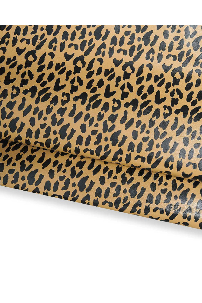 Pelle STAMPA leopardo nero su fondo beige, pellame animalier lucido, capra morbida per artigiani