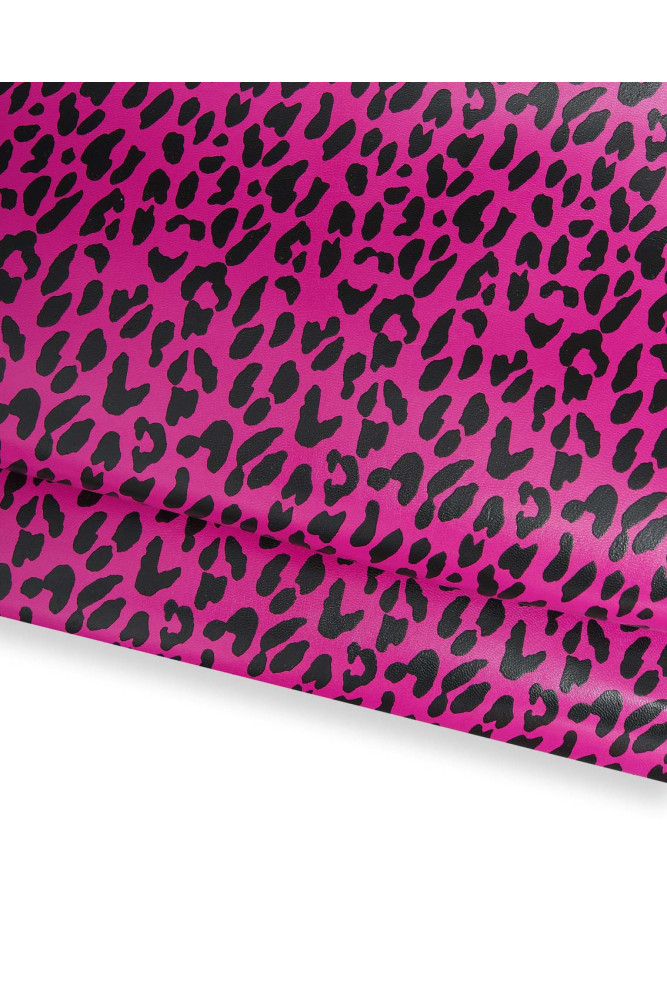 Black fuchsia LEOAPRD printed leather skin, animal textured goatskin cheetah pattern on glossy hide for DIY projects