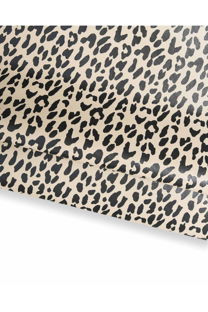 LEOPARD printed goatskin, black animal cheeth on cream leather skin, glossy soft hide for DIY objects