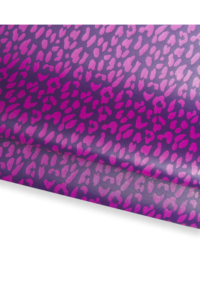 LEOPARD textured leather hide, pink animal print on purple soft calfskin, top quality italian cowhide, 1.3 - 1.4 mm