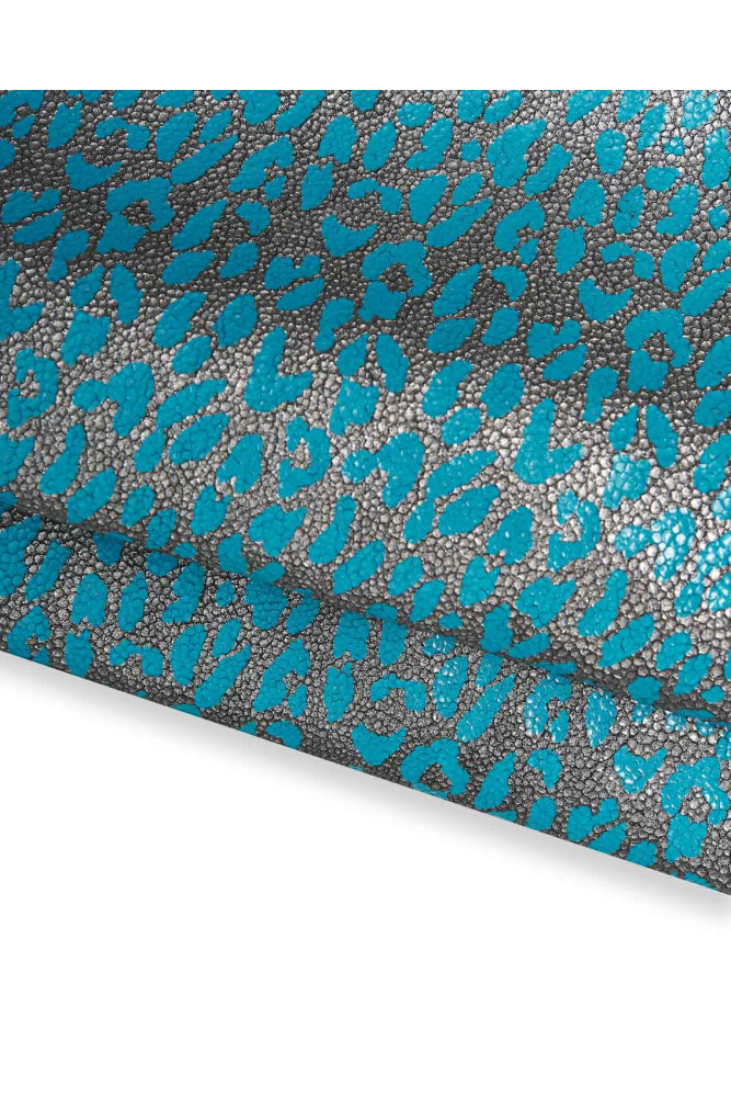 ANIMAL printed leather skin, petroleum green leopard pattern on steelmetal grey ray printed goatskin, soft metallic hide