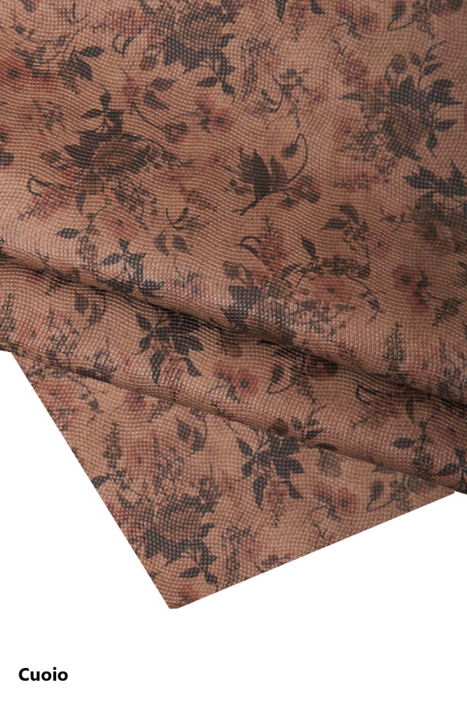 FLORAL printed leather skin, brown, grey, GEOMETRICAL embossed goatskin with flower pattern, soft, textured skin 0.7-0.9 mm