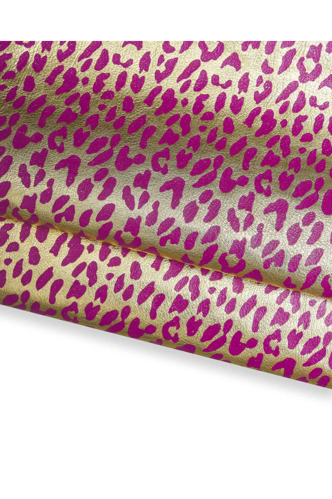 Pelle LEOPARDATA oro e viola, capra laminata motivo animalier ghepardo, pellame metallizzato morbido per hobbisti