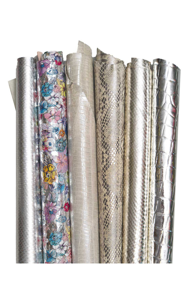 ASSORTMENT of 6 silver small leather skins, metallic printed leather pieces, minimum size 15x13 inches