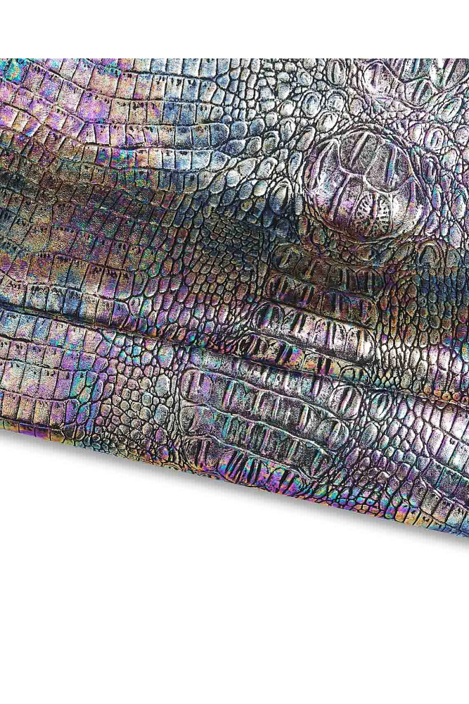 HOLOGRAPHIC crocodile embossed leather hide, iridescent metallic alligator printed cowhide, multicolor soft calfskin