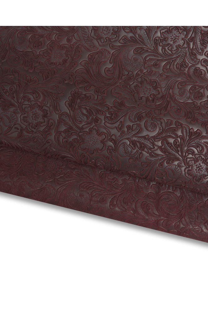 Burgundy FLORAL embossed leather hide, charro pattern on greased suede calfskin, flower print on sporty cowhide, medium softness