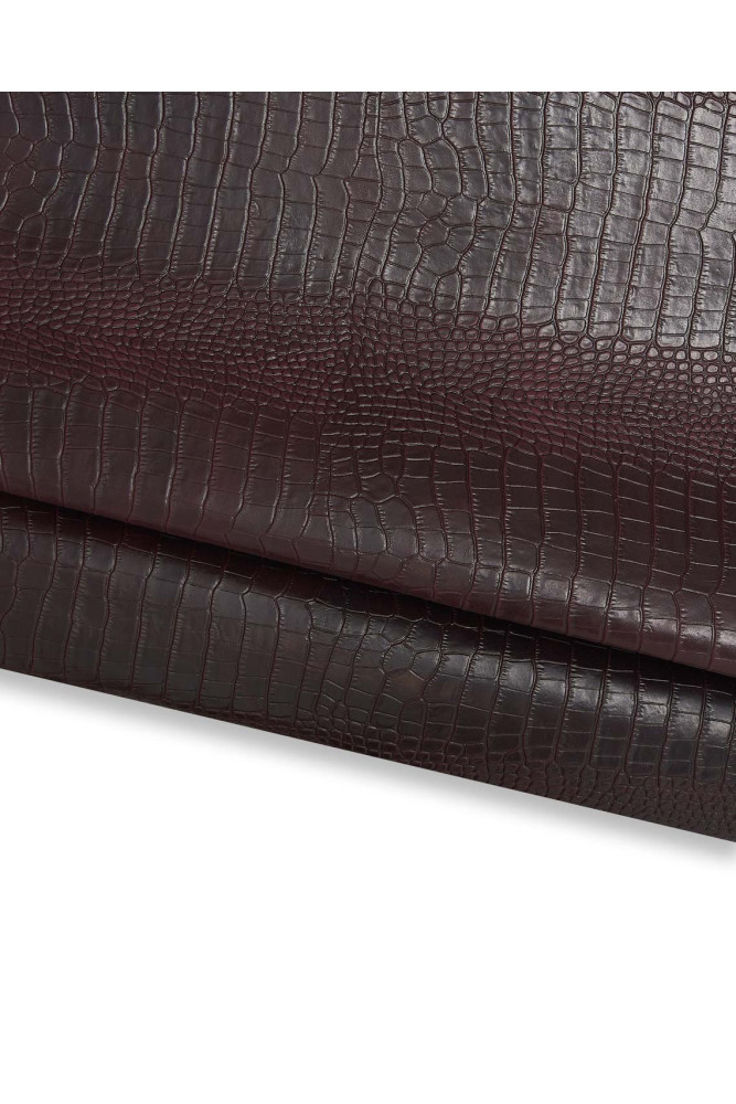 Burgundy CROCODILE embossed leather hide, alligator print on calfskin, glossy shaded cowhide for crafting