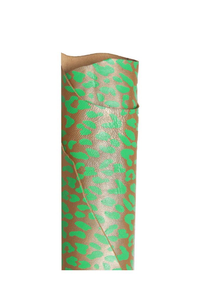 Leopard printed METALLIC leather skin, gold goatskin with green cheetah texture, soft sparkle hide