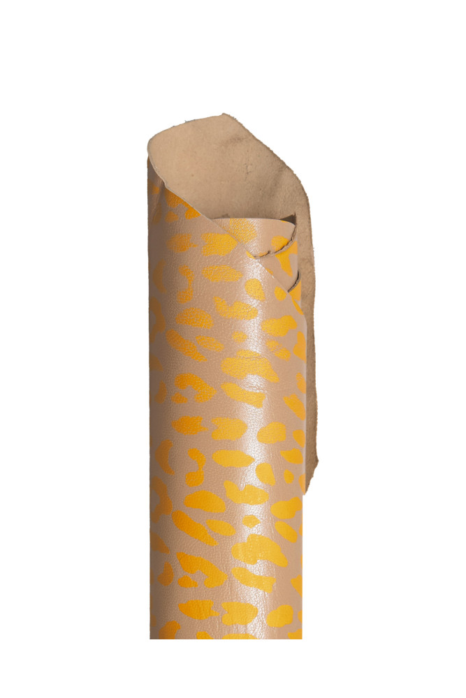 CHEETAH printed leather skin, beige glossy goatskin yellow leopard texture, soft hide for DIY projects