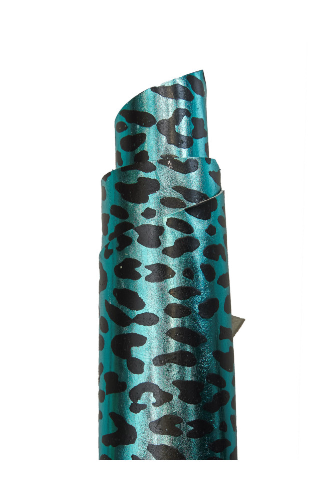 Leopard PRINTED leather hide, black animal pattern on light blue mirror metallic cowhide