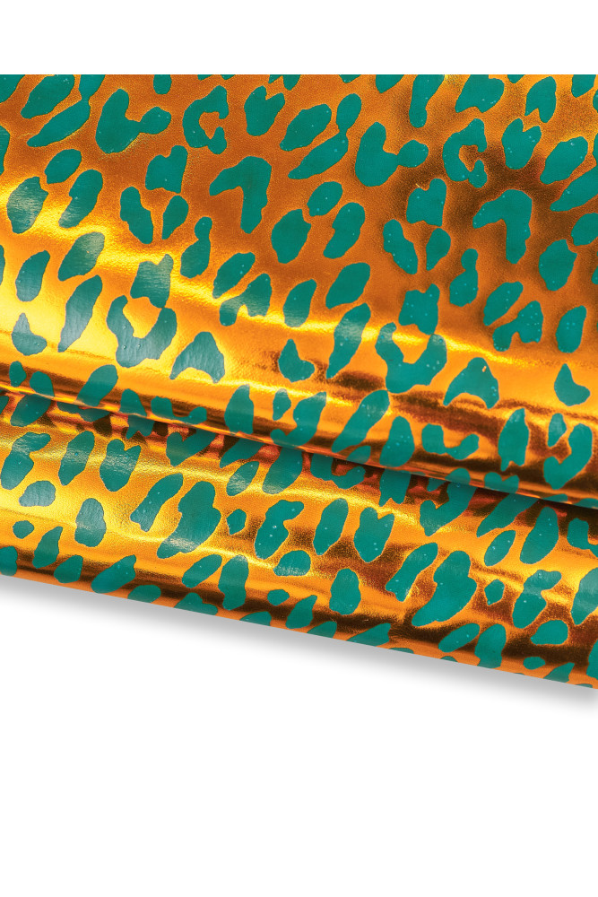 LEOPARD pattern on leather skin, green animal print on orange mirror metallic goatskin, sparkle hide for crafting