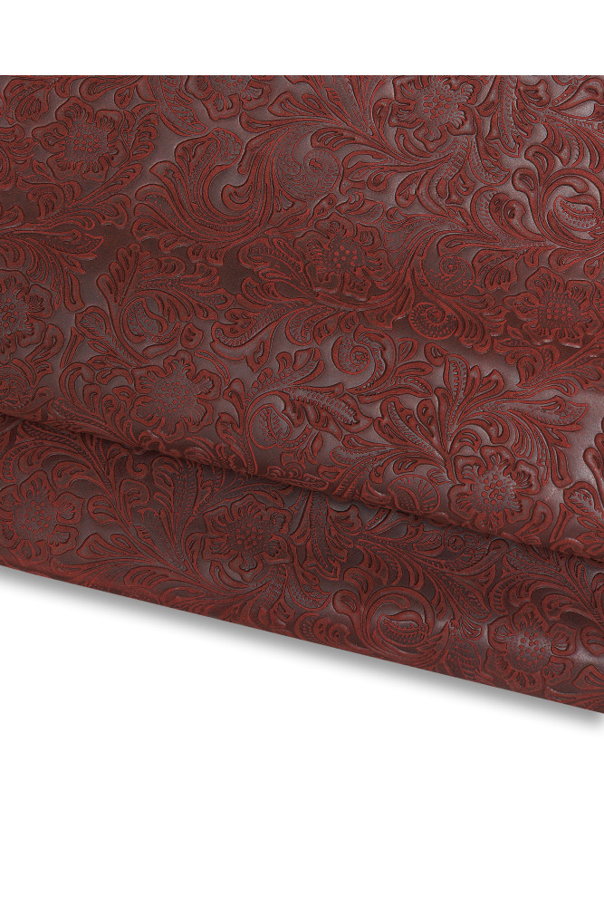 Dark red FLORAL textured leather hide, flower charro print on calfskin, burgundy greased embossed cowhide 1.2 - 1.3 mm