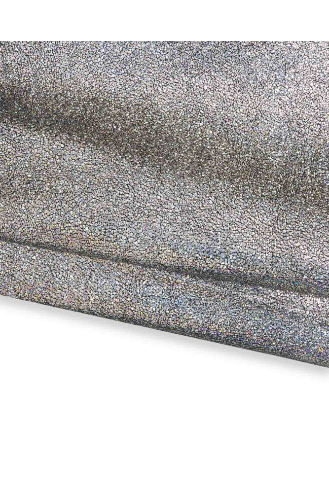 Steel metal IRIDESCENT leather skin, crackle printed metallic goatskin, super soft hide for DIY projects