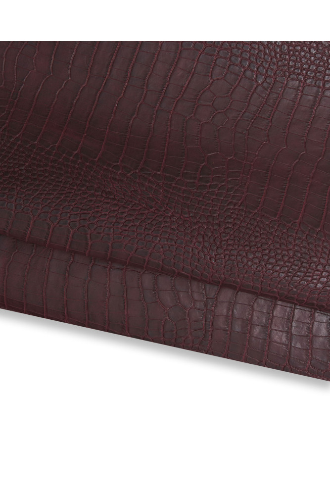 Burgundy CROCODILE embossed leather hide, sporty animal printed shaded calfskin, semi glossy semi stiff cowhide