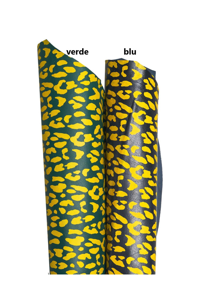 Pelle LEOPARDO giallo su base blu o verde, capra leopardata morbida, pellame motivo animalier ghepardo