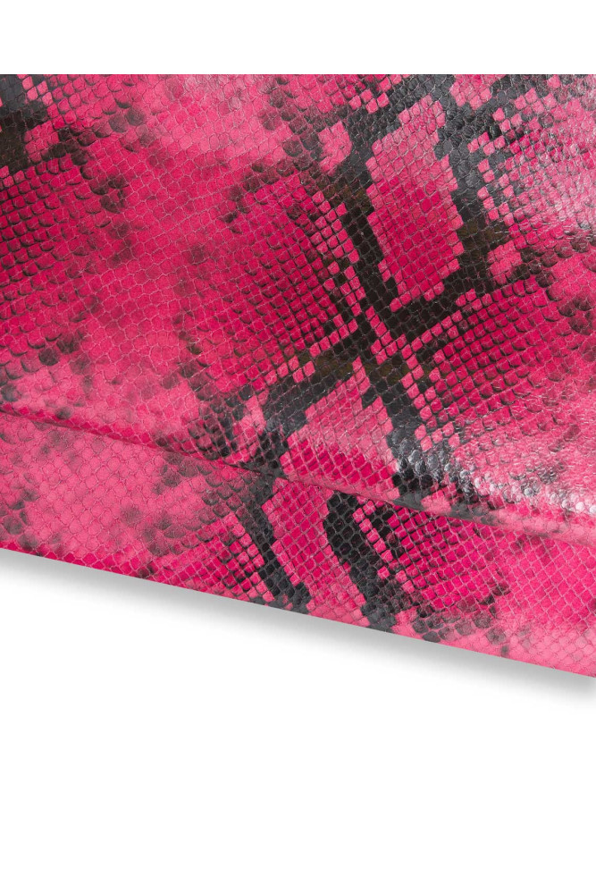 Fuchsia REPTILE printed leather skin, glossy python textured goatskin, pink soft snakeskin for crafting