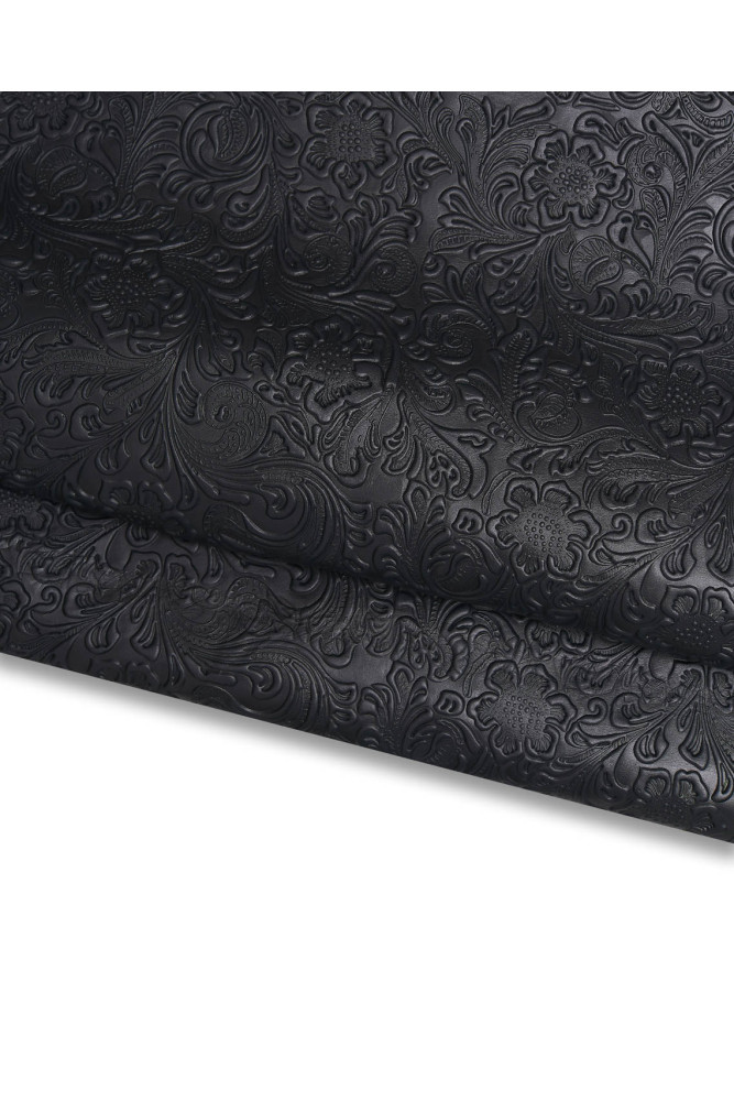 Black FLORAL embossed leather cowhide, charro flower print in relief on calfskin, 0.7 - 0.8 mm