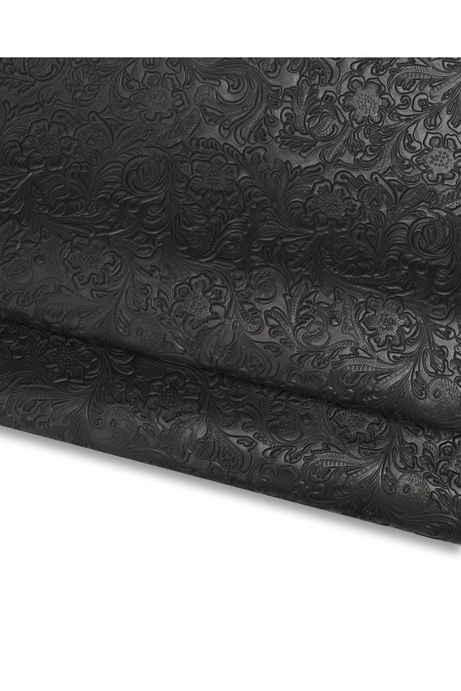 Black FLORAL embossed leather cowhide, charro flower print in relief on calfskin, 0.8 - 1.0 mm