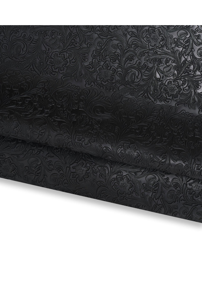 Black FLORAL embossed leather cowhide, charro flower print in relief on calfskin, 1.0 - 1.2 mm