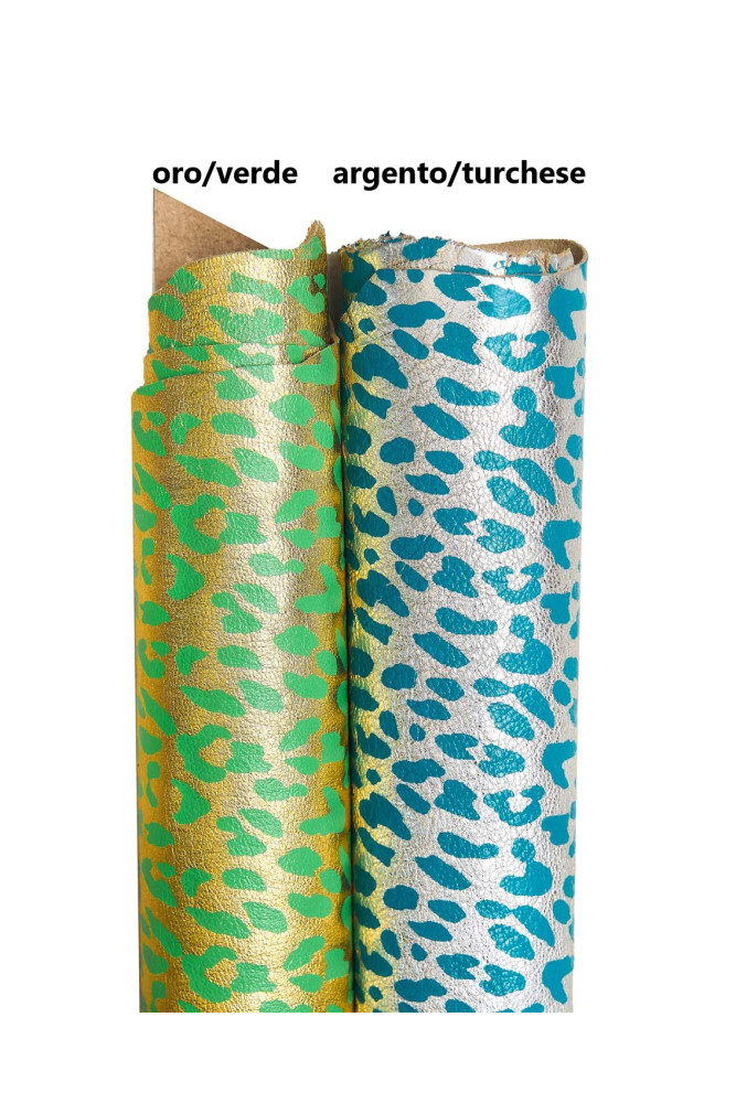 Pelle stampa LEOPARDO laminata oro e verde, argento e turchese, capra metallizzata con grana stampa animalier